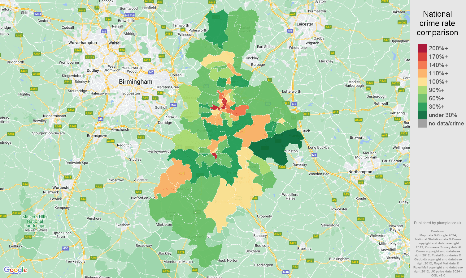 Coventry other theft crime rate comparison map
