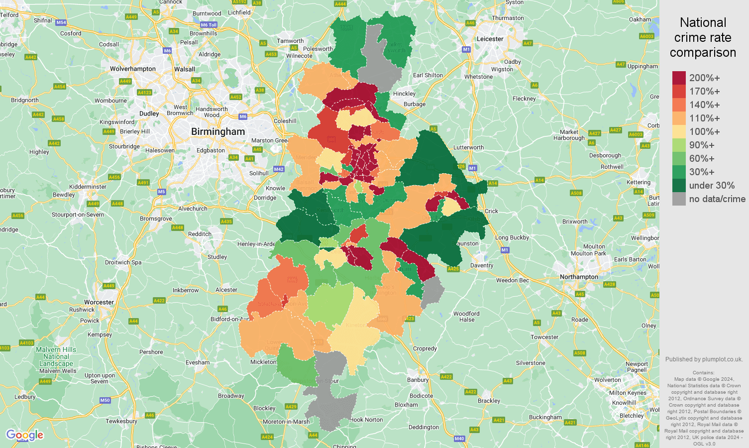 Coventry possession of weapons crime rate comparison map