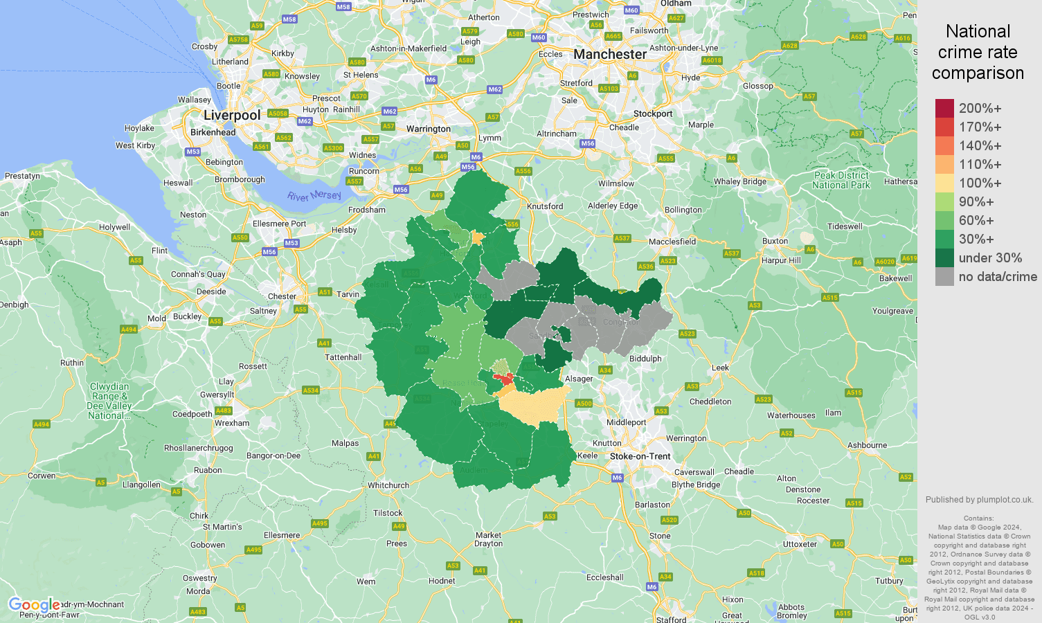 Crewe burglary crime rate comparison map