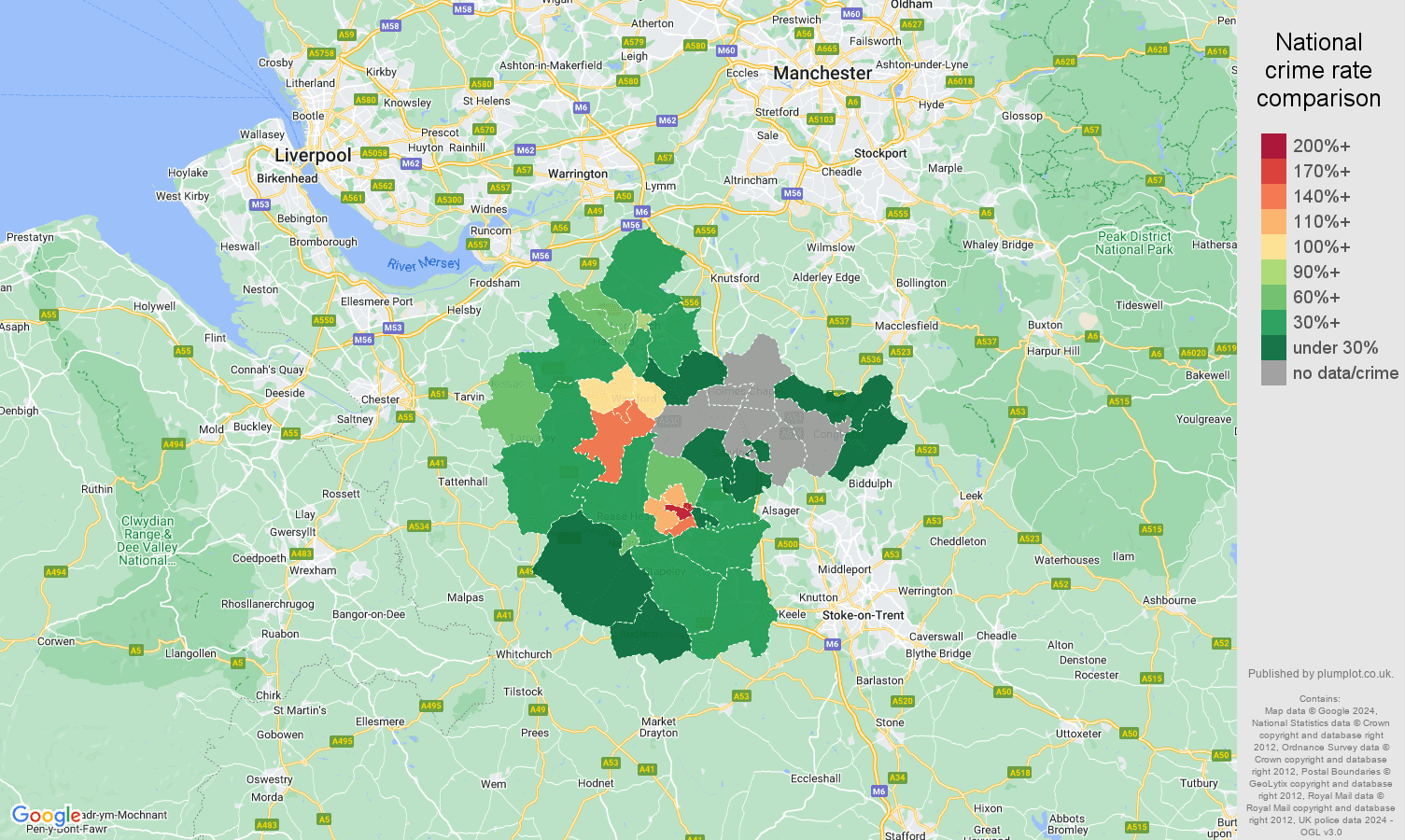 Crewe criminal damage and arson crime rate comparison map