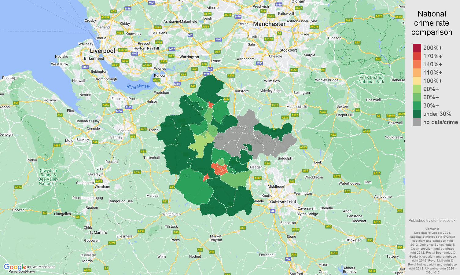 Crewe drugs crime rate comparison map