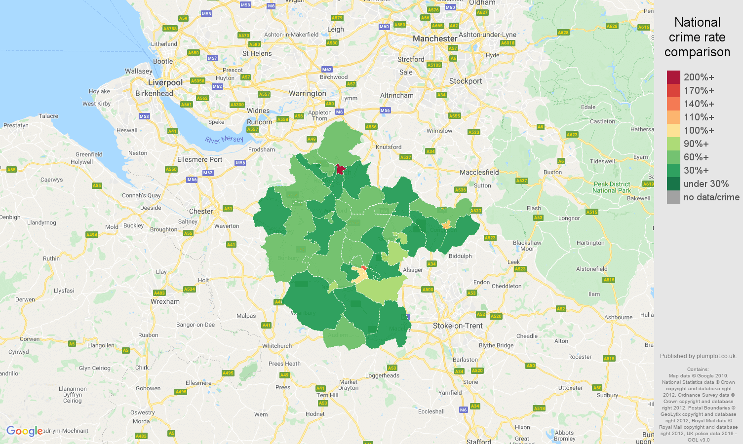 Crewe other theft crime rate comparison map