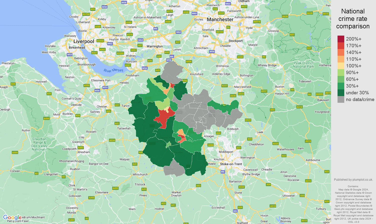Crewe possession of weapons crime rate comparison map