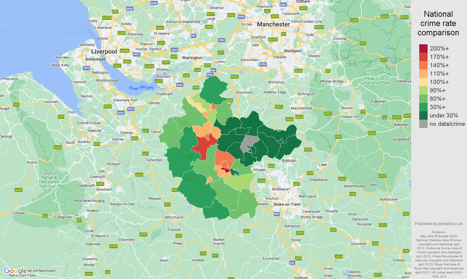 Crewe violent crime rate comparison map