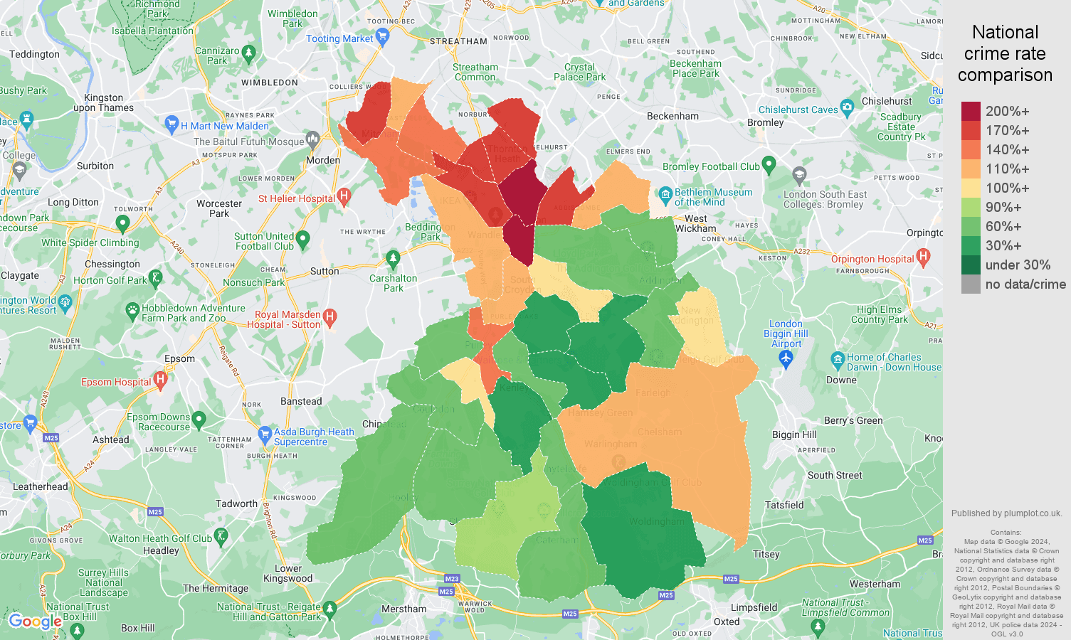 Croydon antisocial behaviour crime rate comparison map