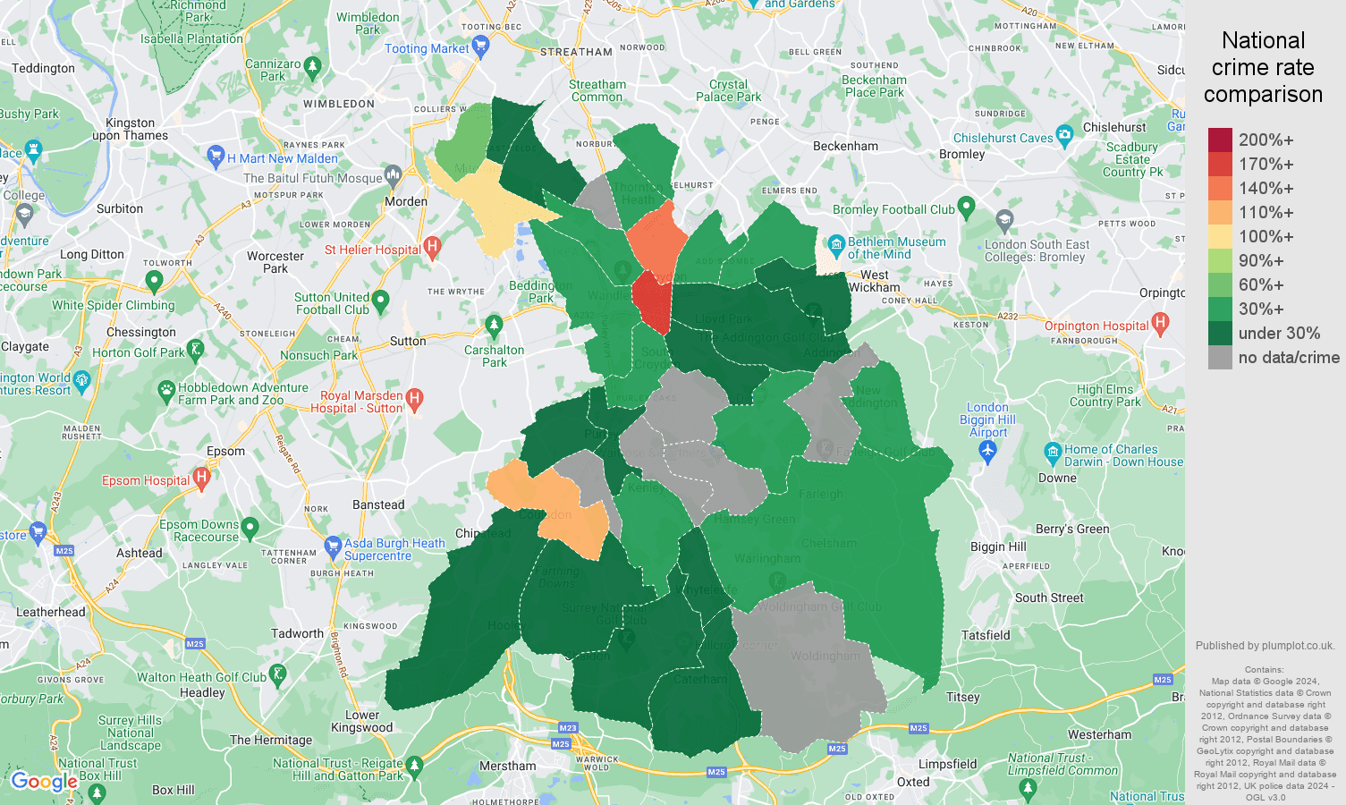 Croydon bicycle theft crime rate comparison map