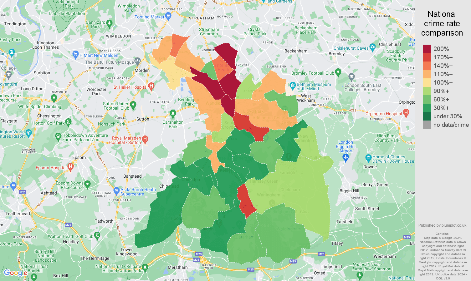 Croydon drugs crime rate comparison map