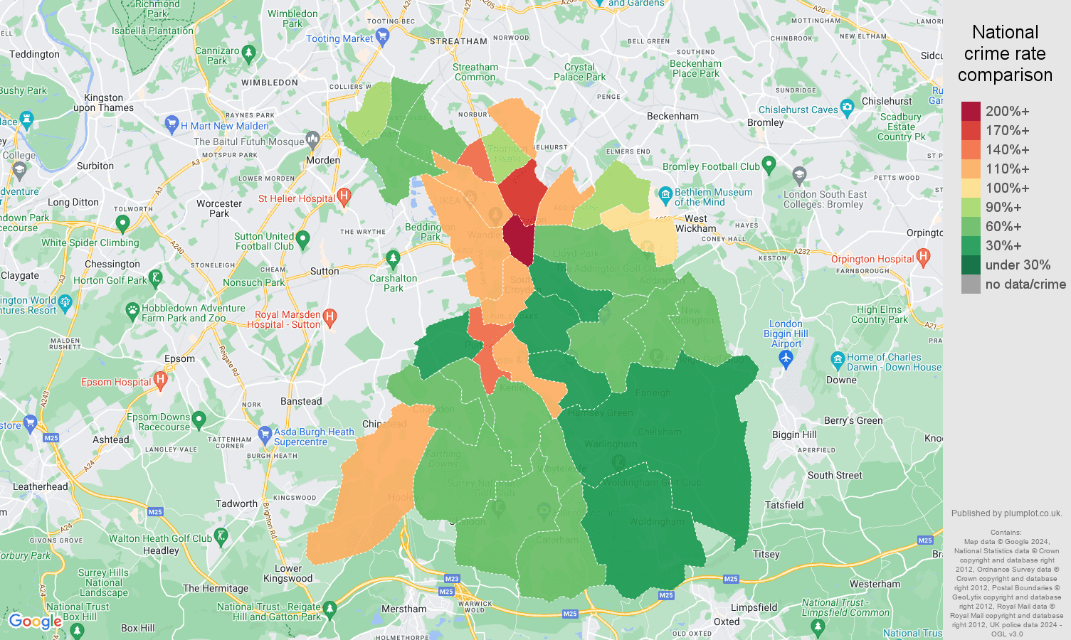 Croydon other theft crime rate comparison map