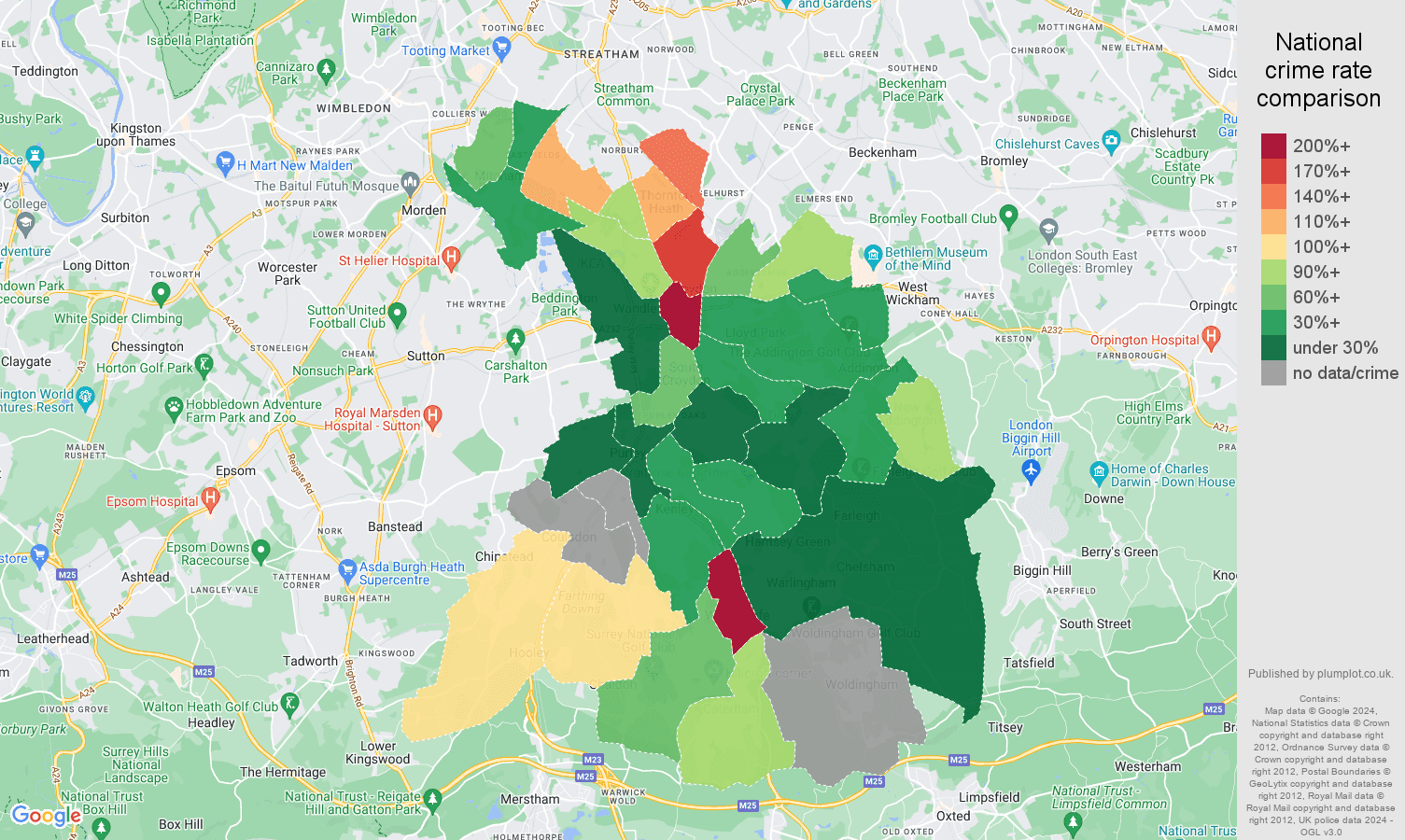 Croydon possession of weapons crime rate comparison map