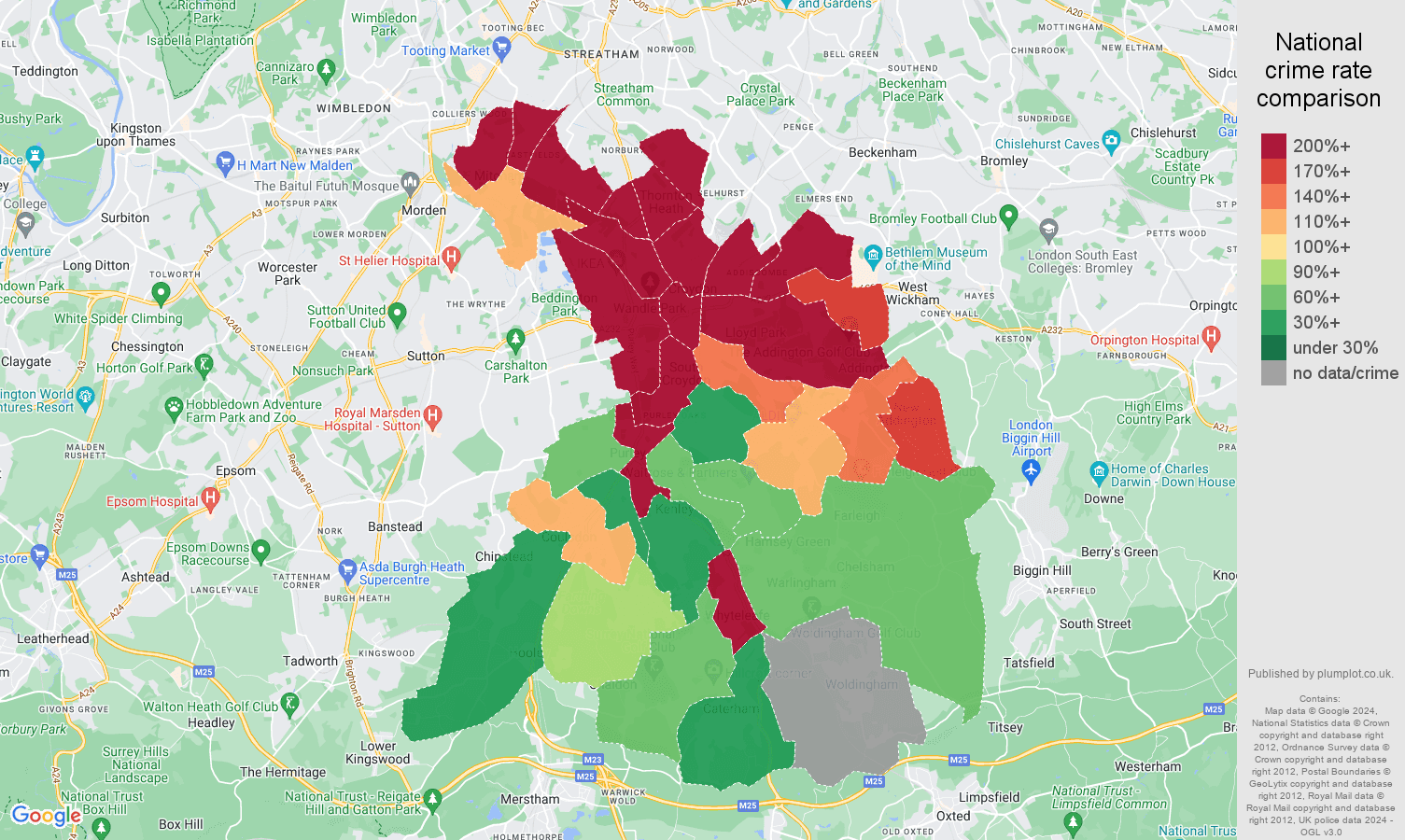 Croydon robbery crime rate comparison map