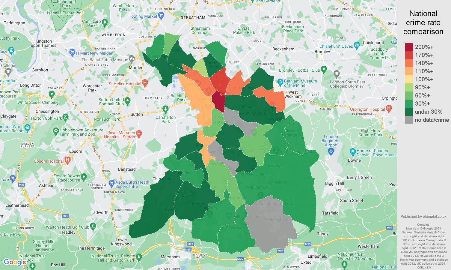 Croydon shoplifting crime rate comparison map
