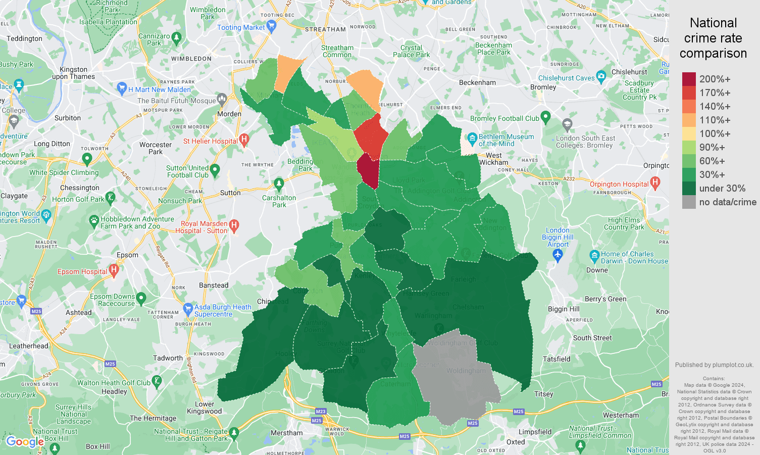 Croydon theft from the person crime rate comparison map