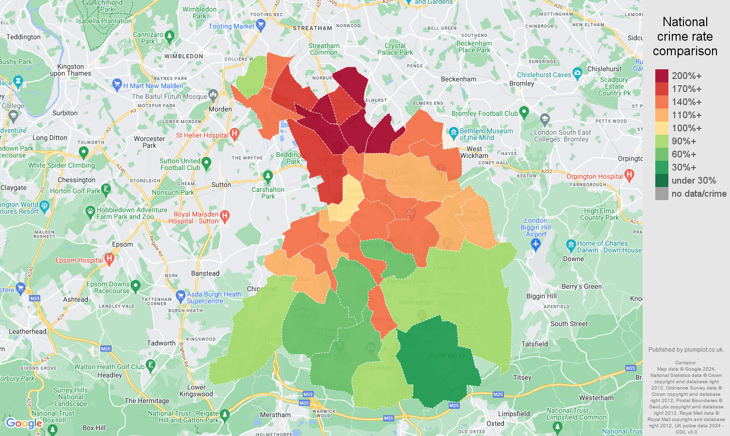 Croydon vehicle crime rate comparison map