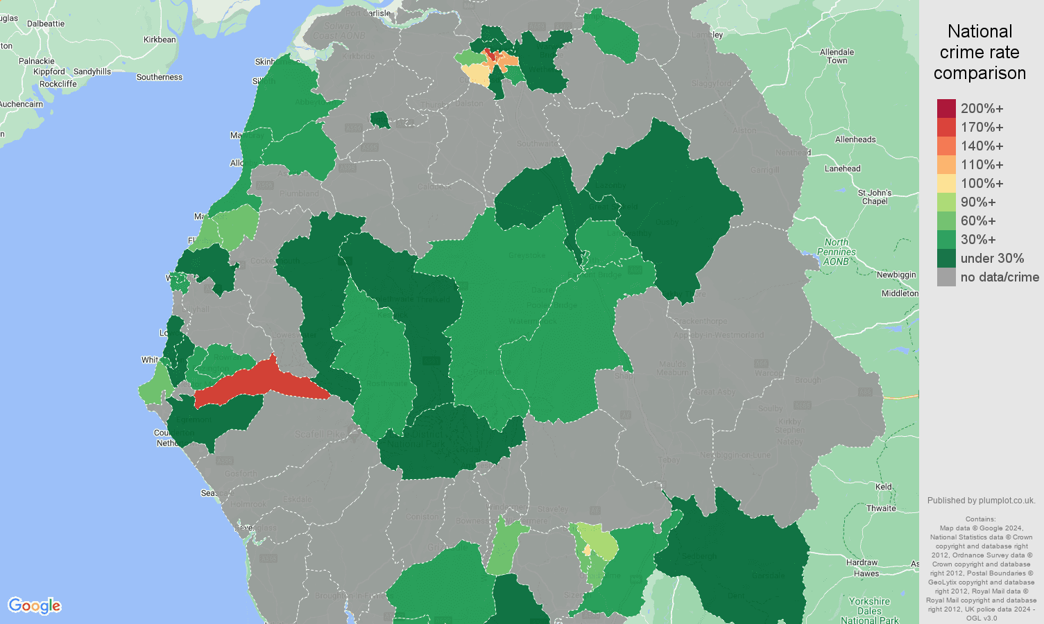 Cumbria bicycle theft crime rate comparison map