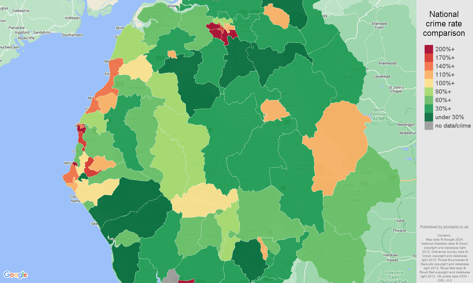 Cumbria criminal damage and arson crime rate comparison map