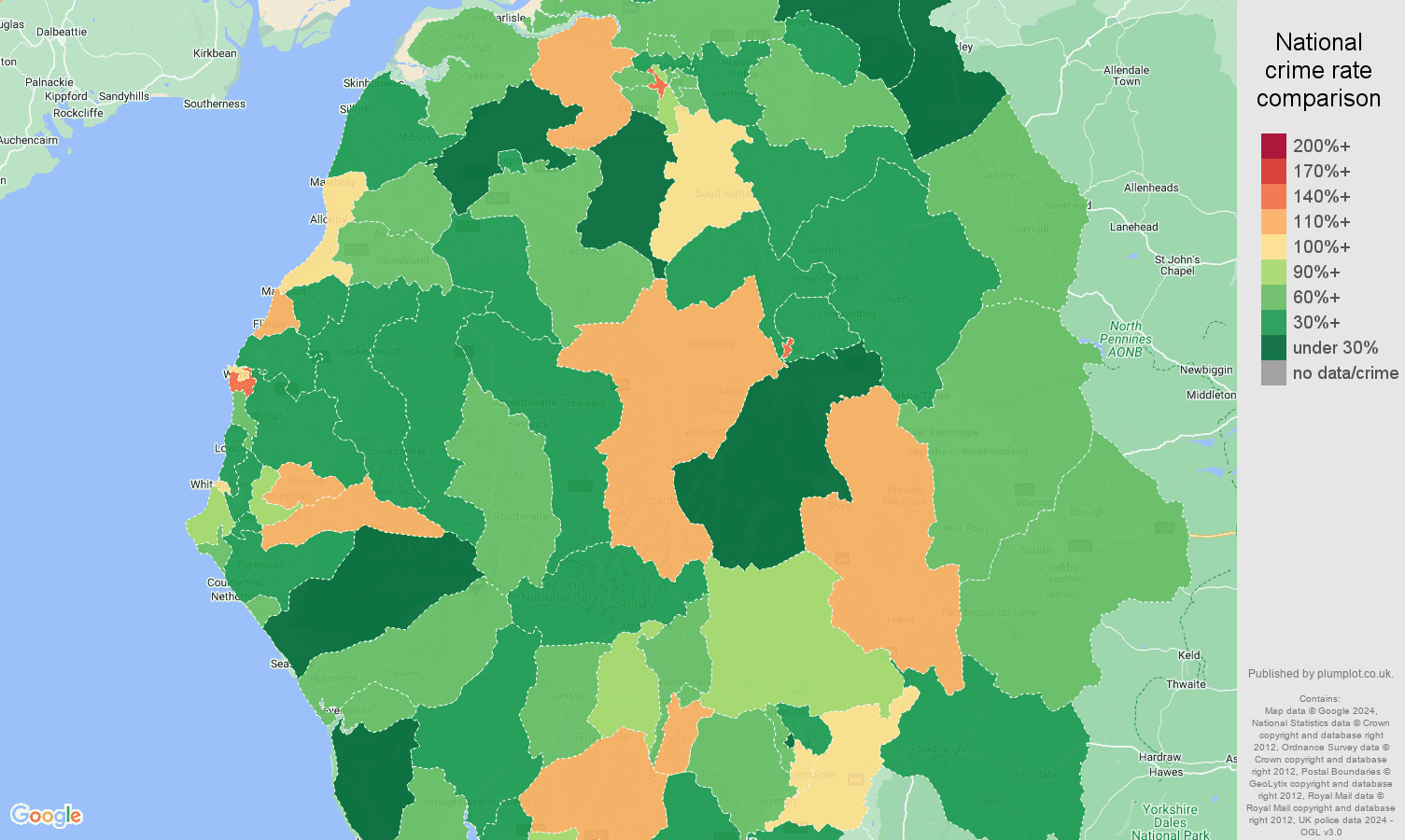 Cumbria other theft crime rate comparison map