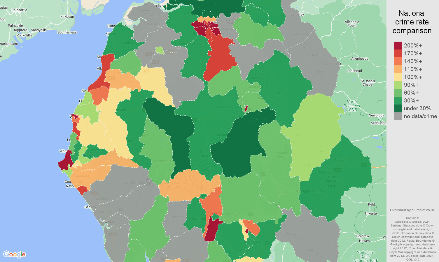 Cumbria possession of weapons crime rate comparison map