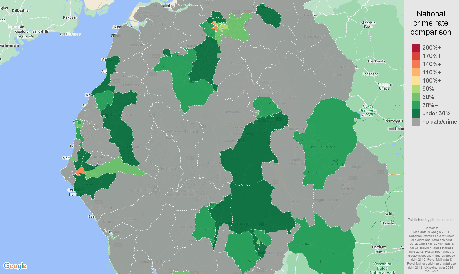 Cumbria robbery crime rate comparison map