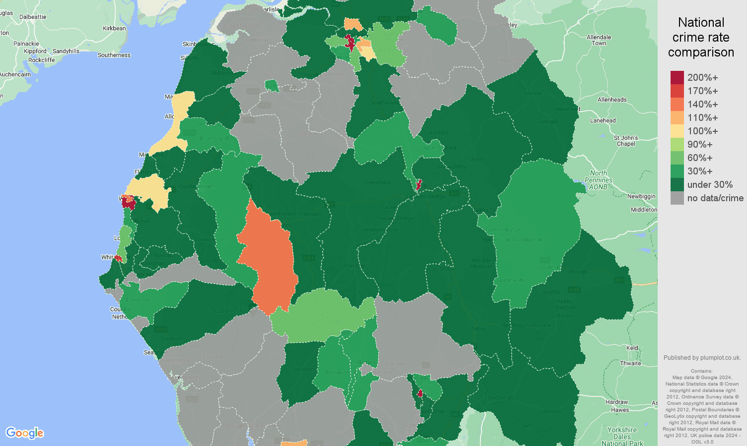 Cumbria shoplifting crime rate comparison map