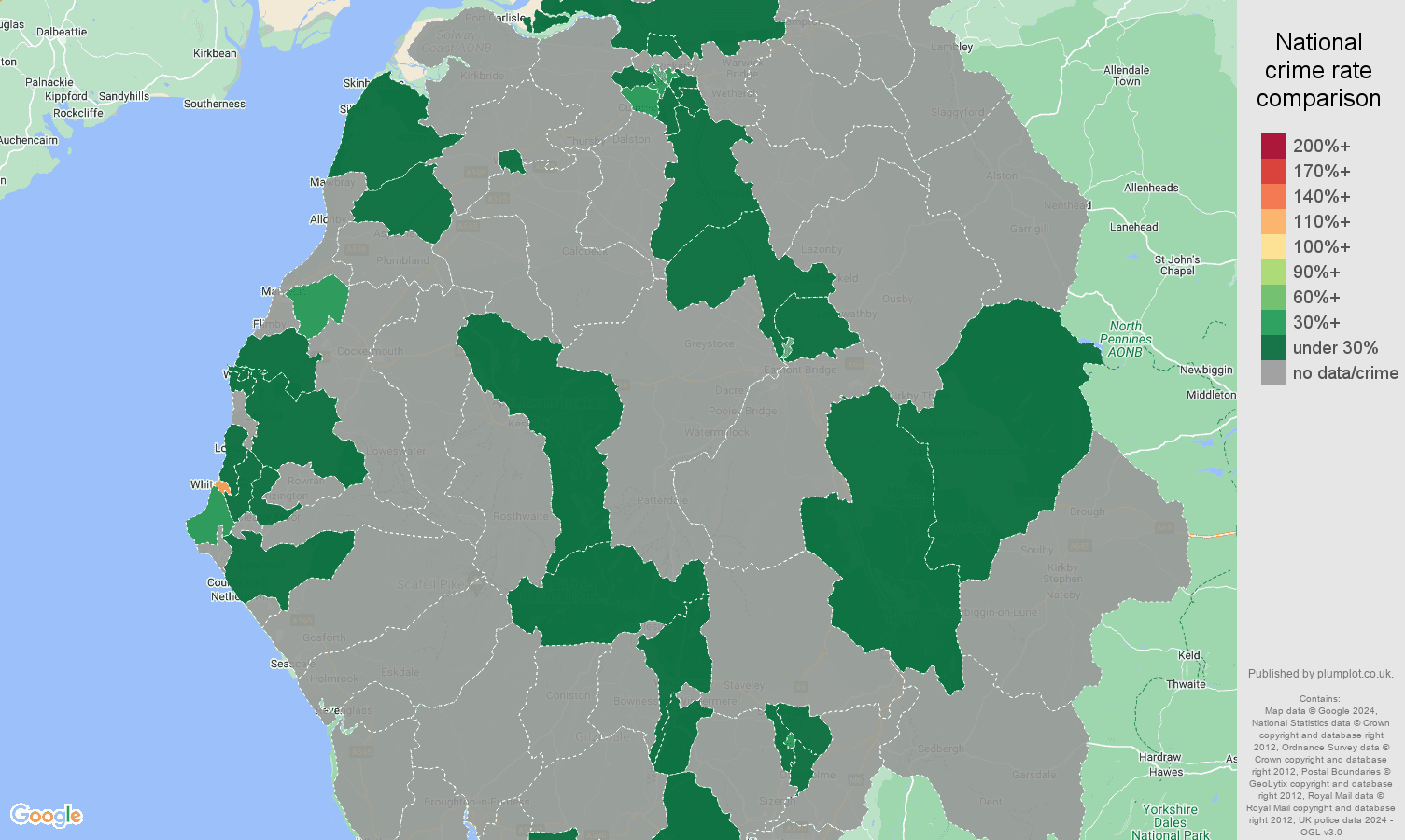 Cumbria theft from the person crime rate comparison map