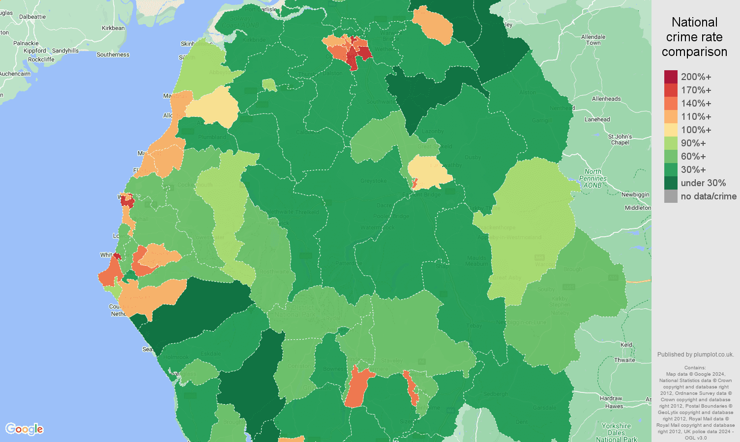 Cumbria violent crime rate comparison map