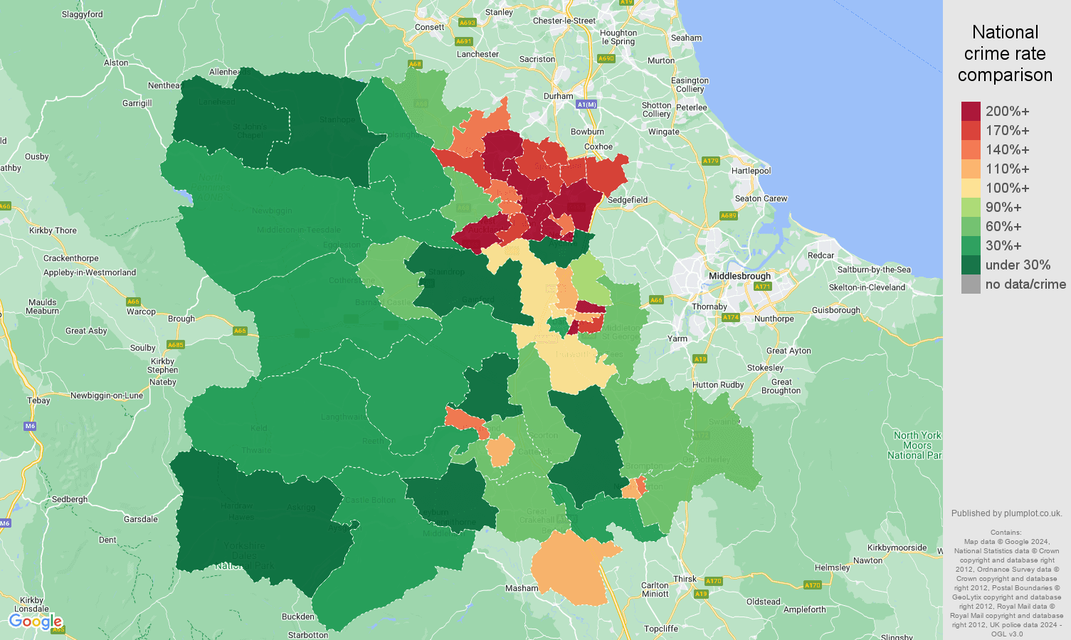 Darlington antisocial behaviour crime rate comparison map