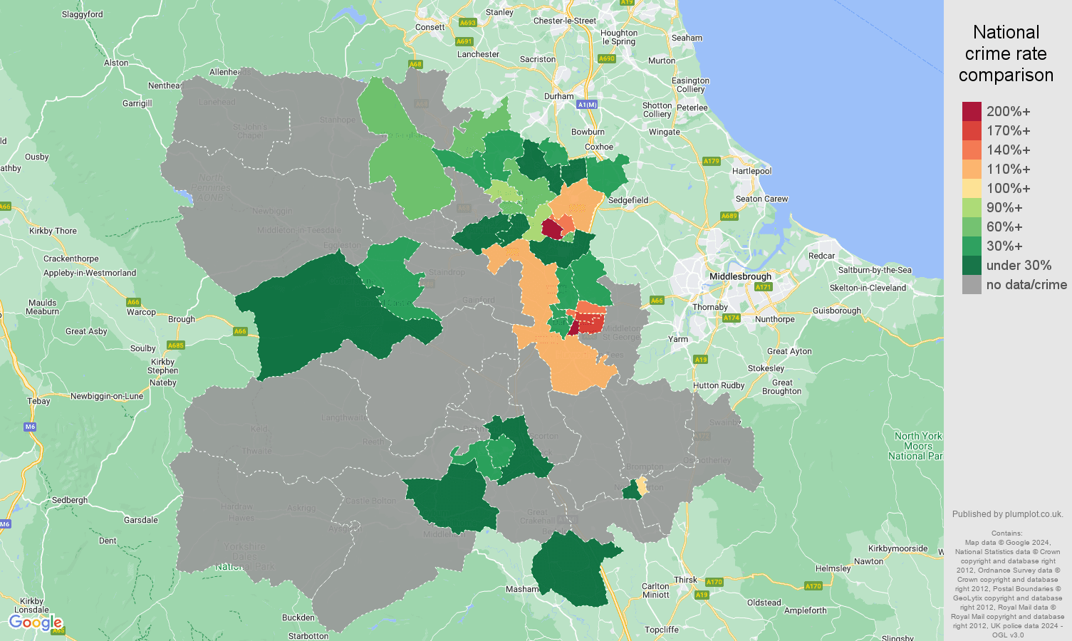 Darlington bicycle theft crime rate comparison map