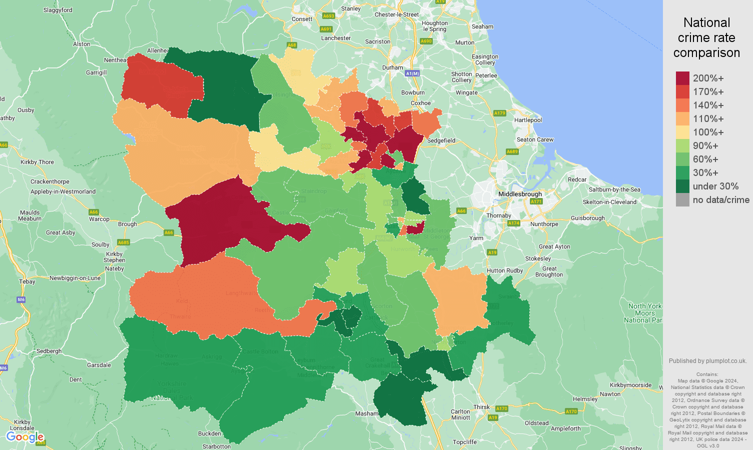 Darlington burglary crime rate comparison map