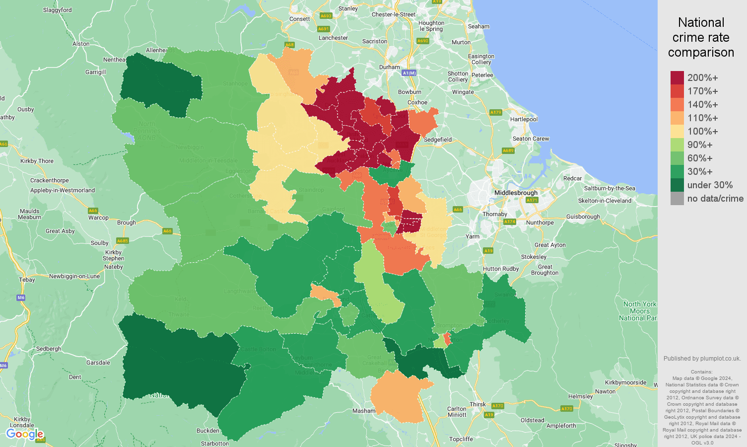Darlington criminal damage and arson crime rate comparison map