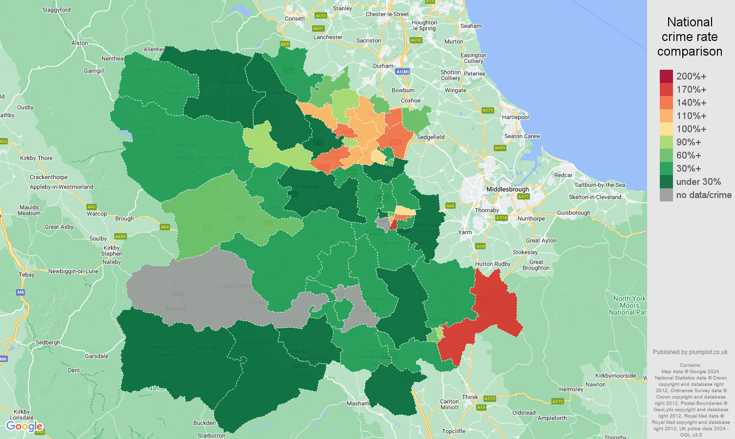 Darlington drugs crime rate comparison map