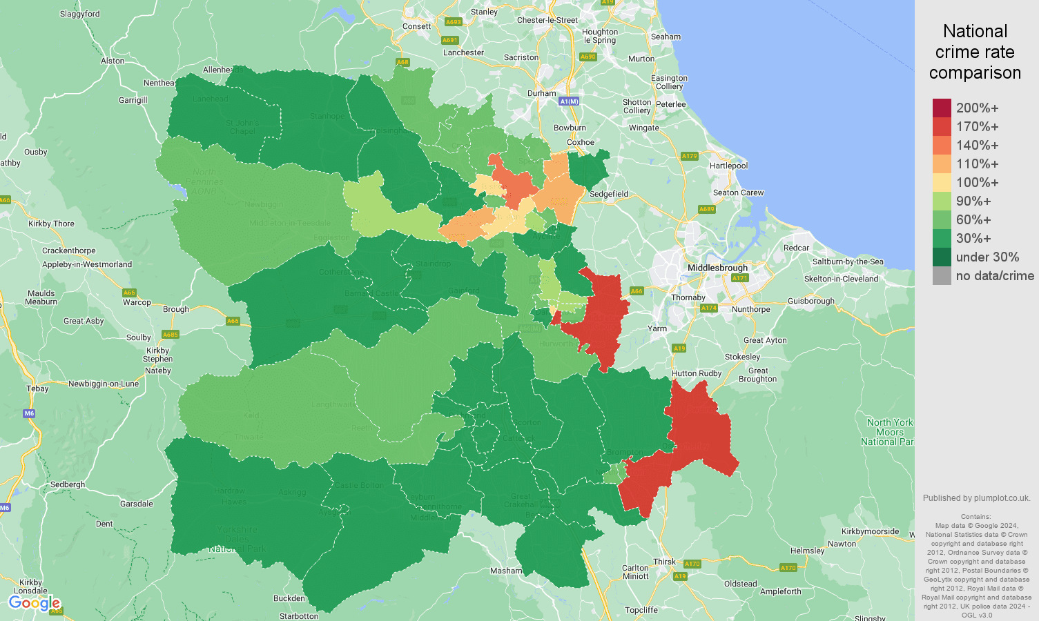 Darlington other theft crime rate comparison map