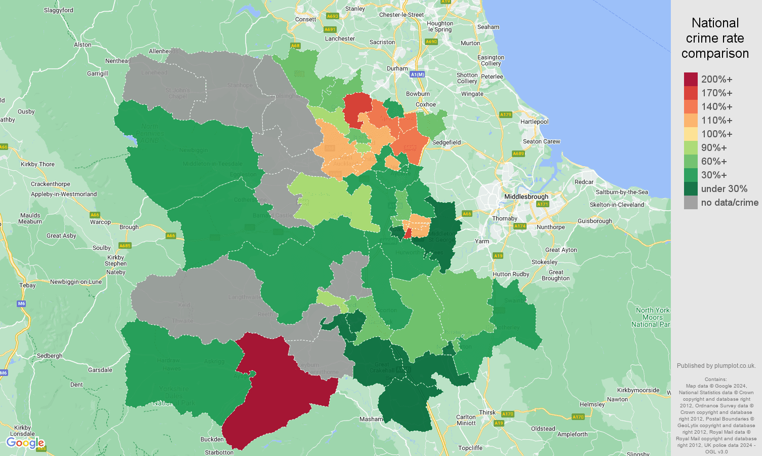Darlington possession of weapons crime rate comparison map