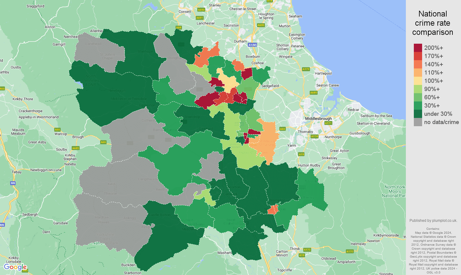 Darlington shoplifting crime rate comparison map