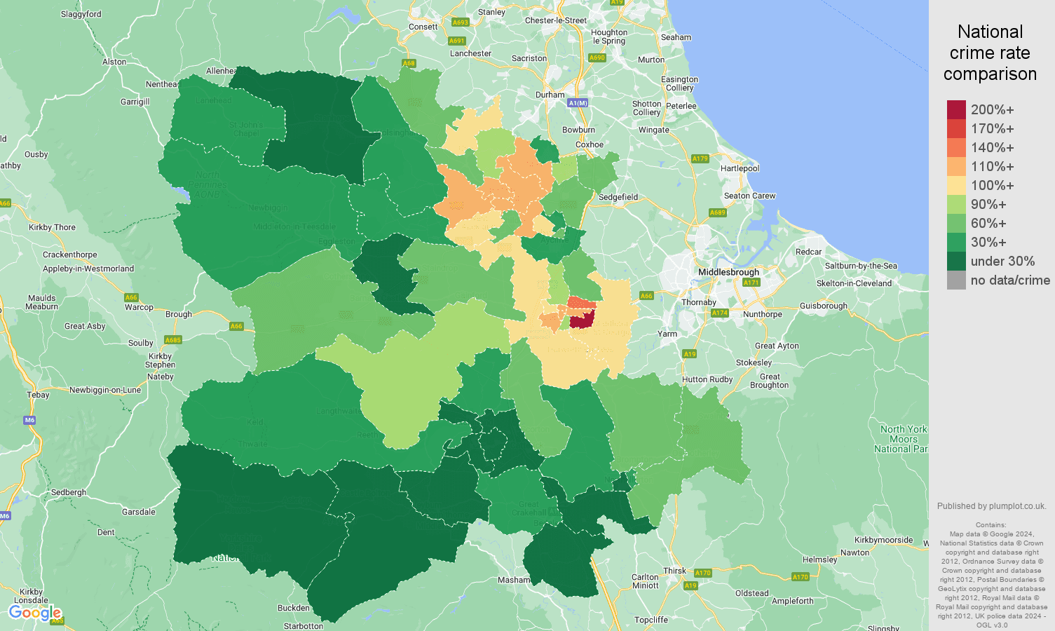 Darlington vehicle crime rate comparison map
