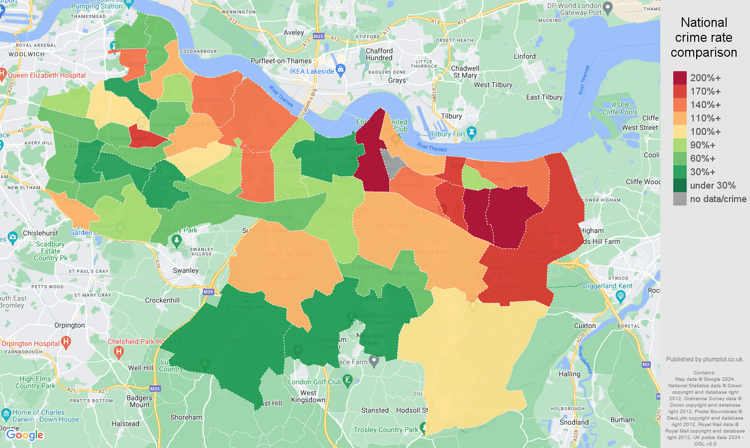 Dartford antisocial behaviour crime rate comparison map