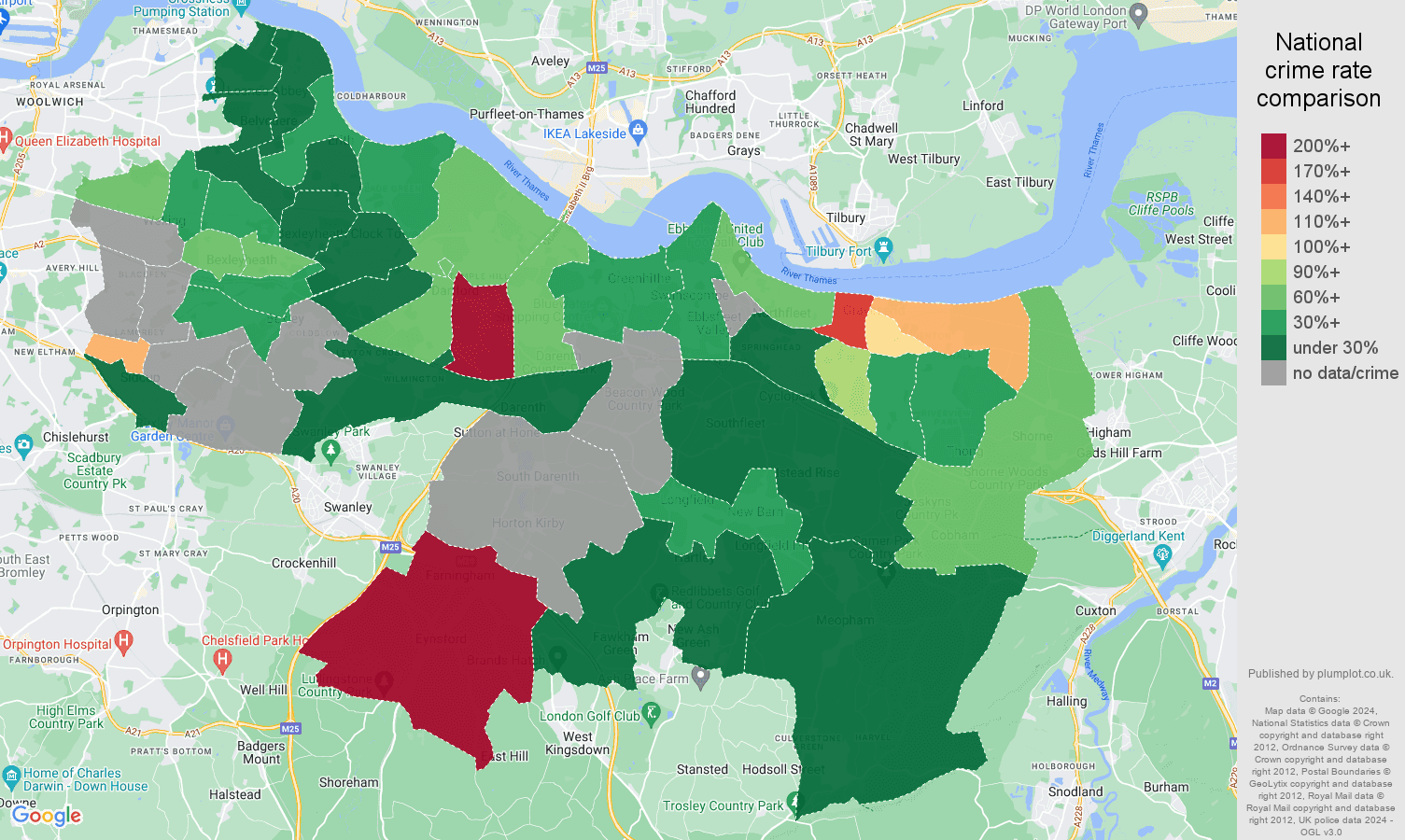 Dartford bicycle theft crime rate comparison map