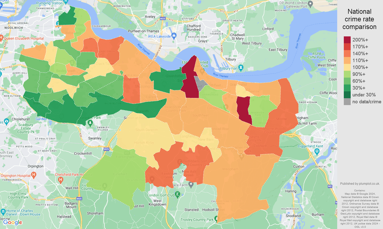 Dartford burglary crime rate comparison map