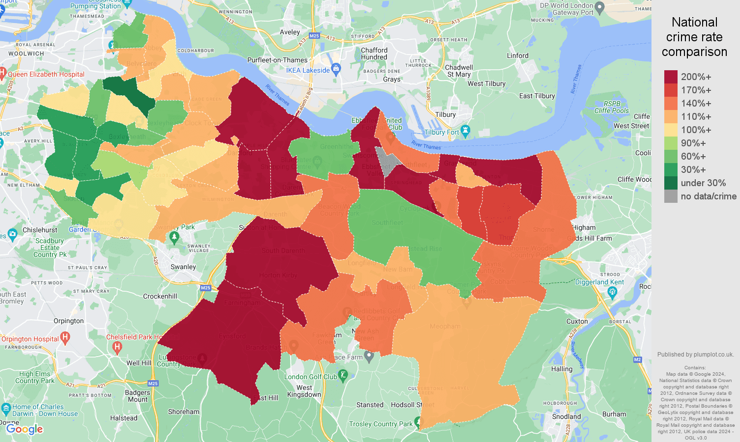 Dartford criminal damage and arson crime rate comparison map