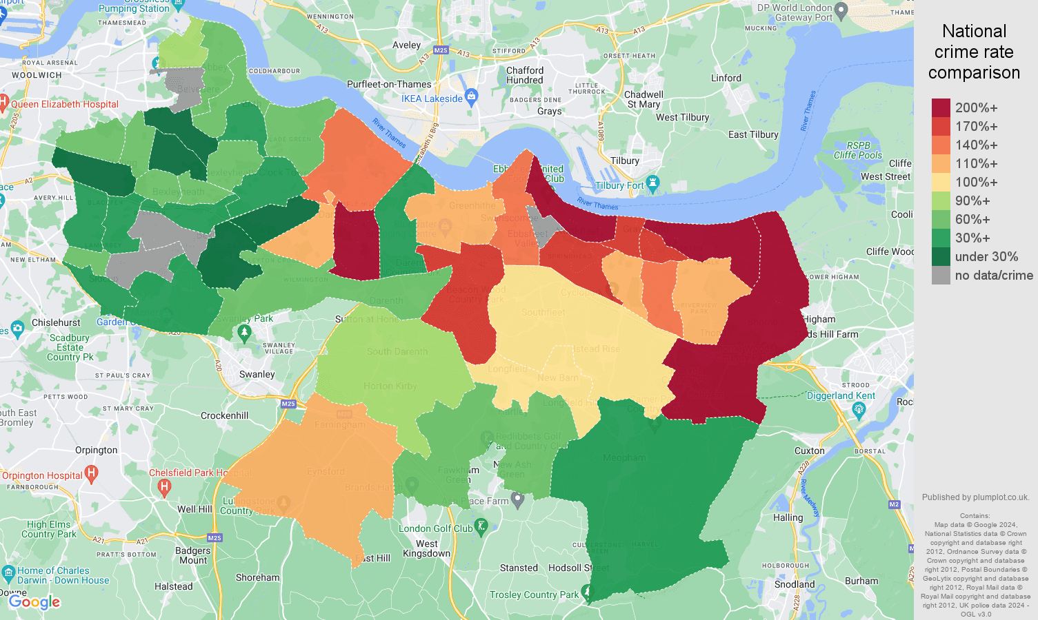 Dartford possession of weapons crime rate comparison map