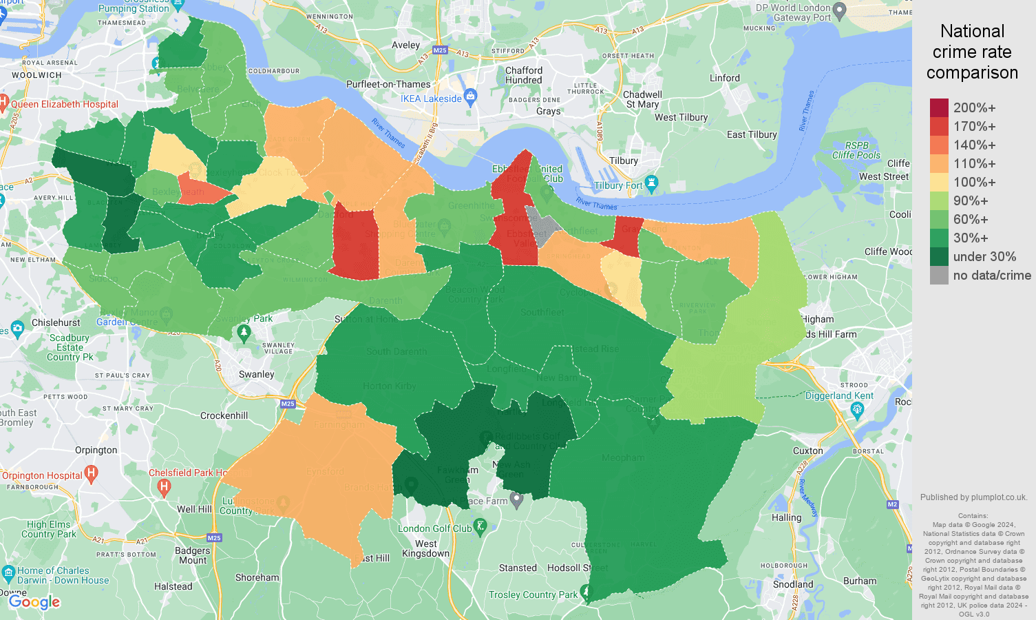Dartford public order crime rate comparison map