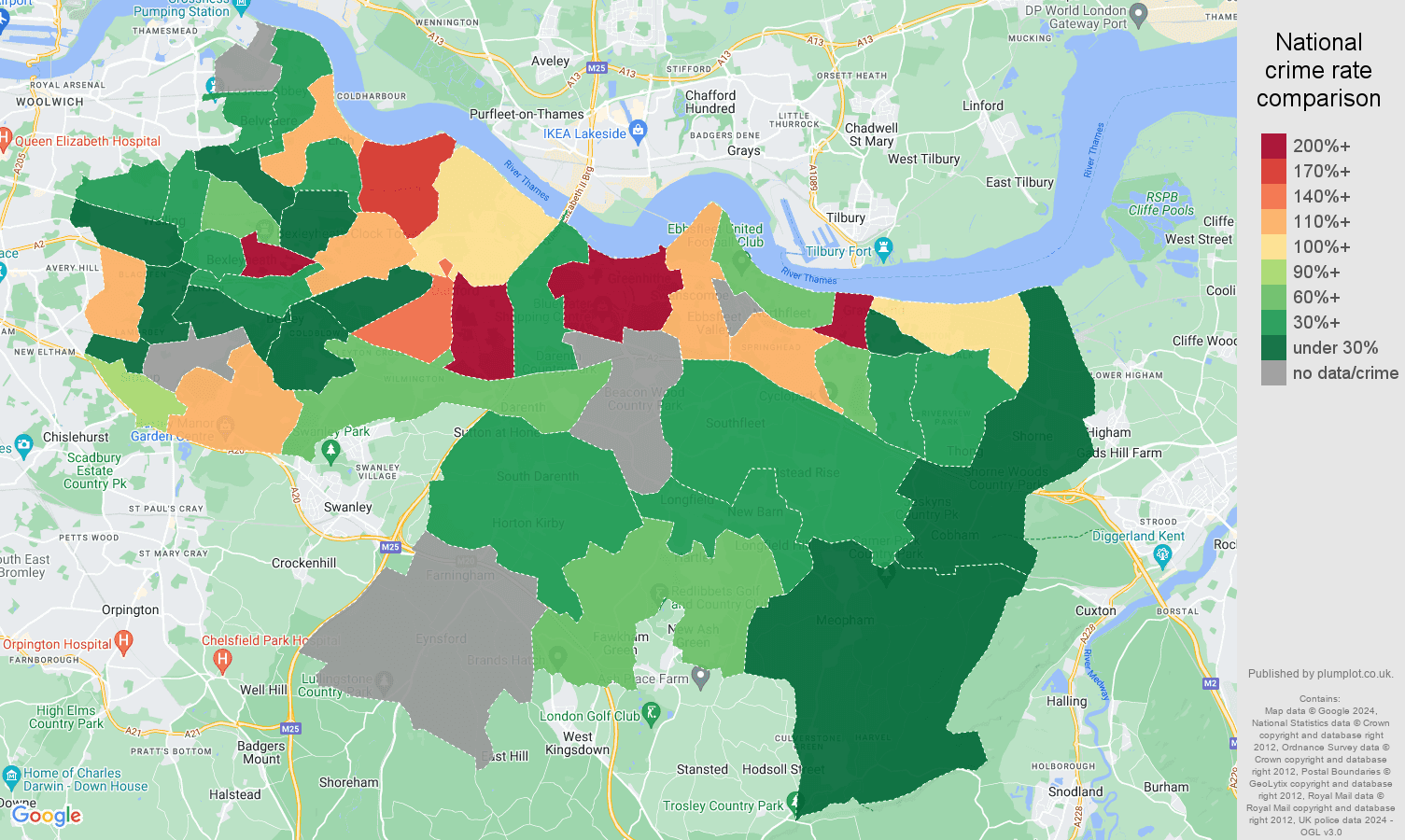 Dartford shoplifting crime rate comparison map