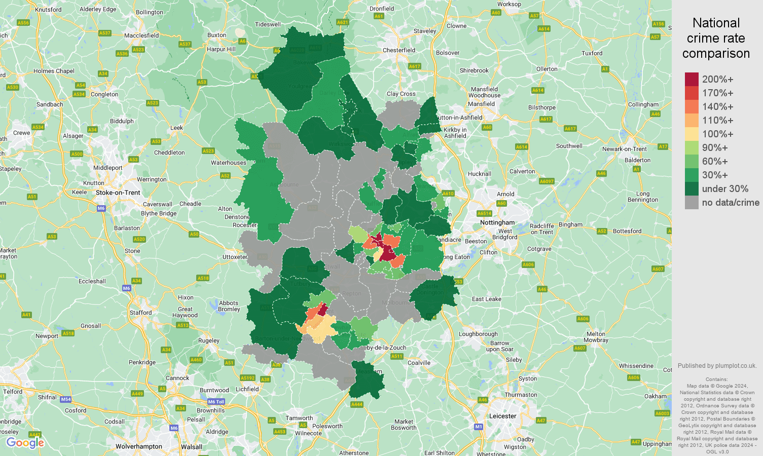 Derby bicycle theft crime rate comparison map