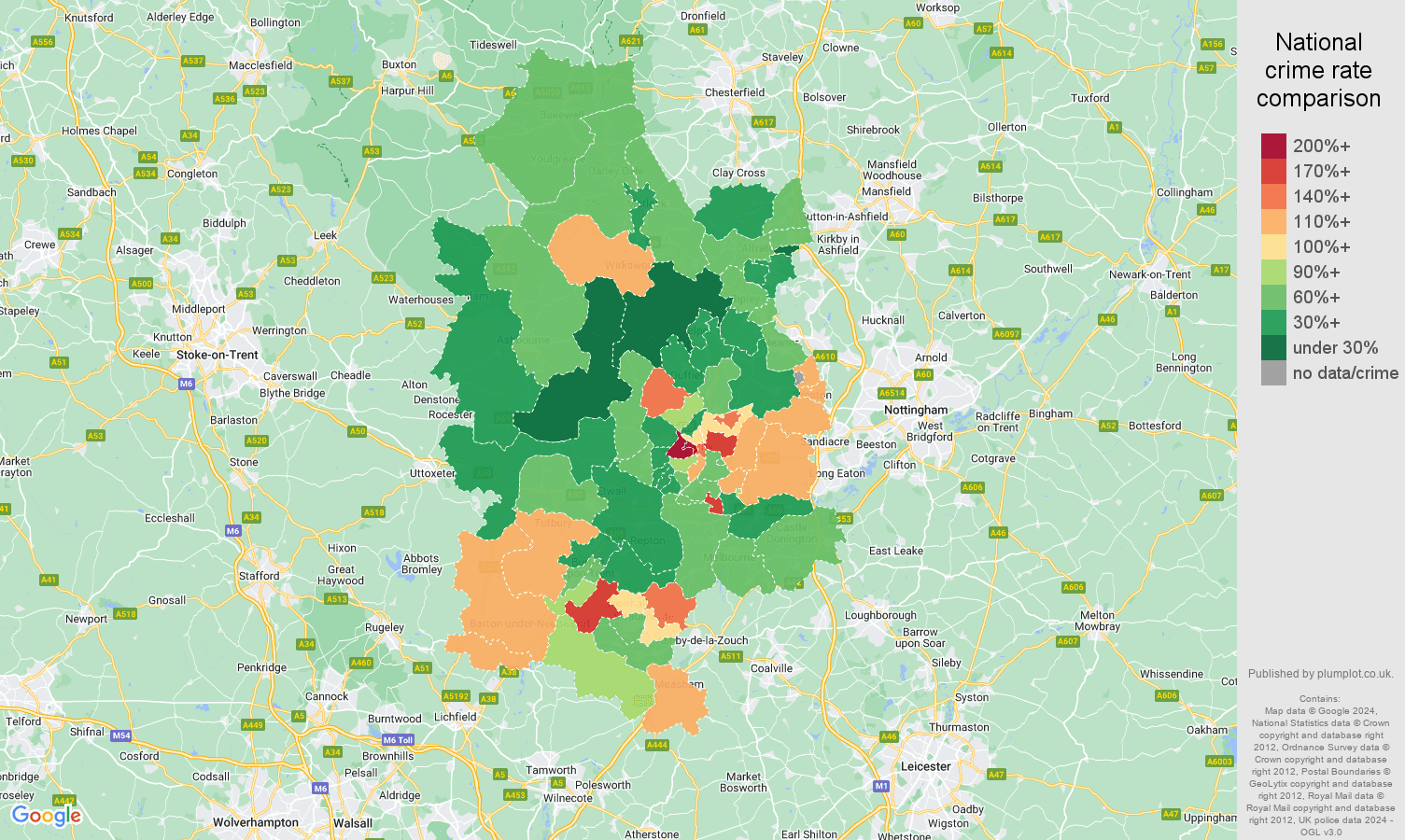 Derby burglary crime rate comparison map