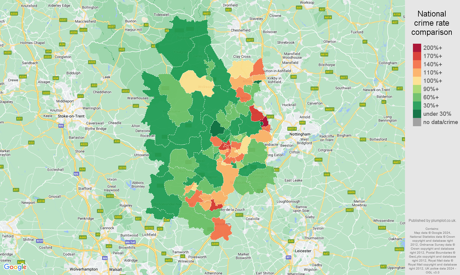 Derby criminal damage and arson crime rate comparison map