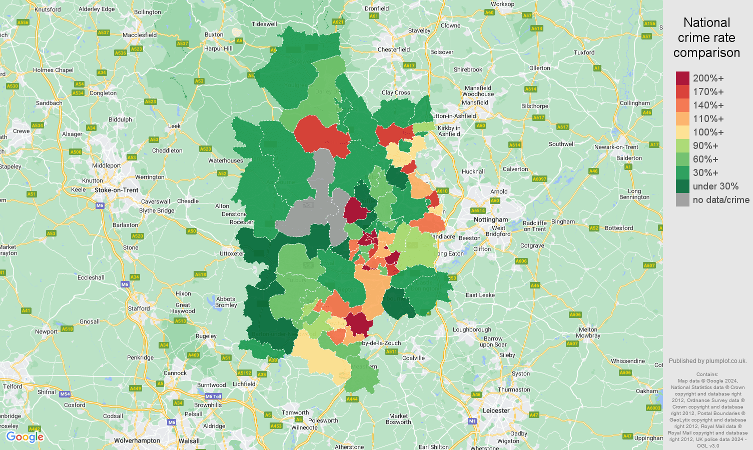 Derby possession of weapons crime rate comparison map