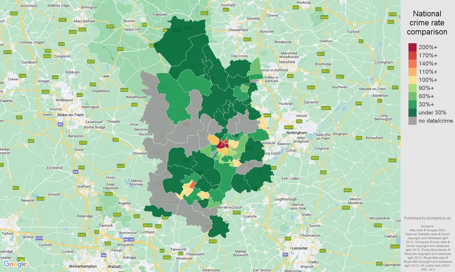 Derby robbery crime rate comparison map