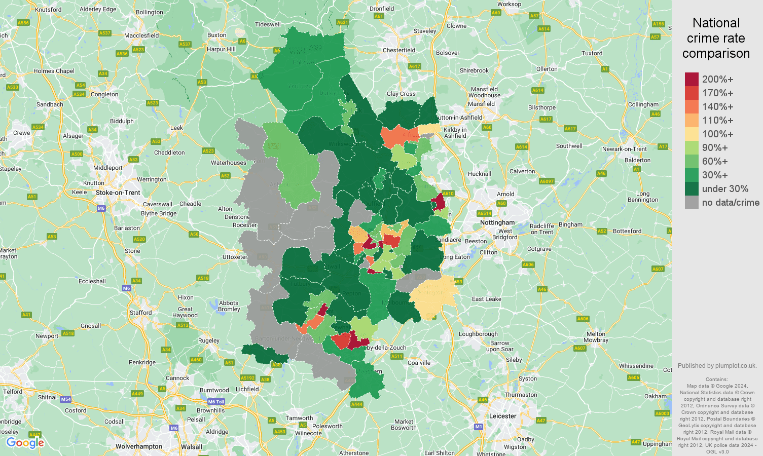 Derby shoplifting crime rate comparison map