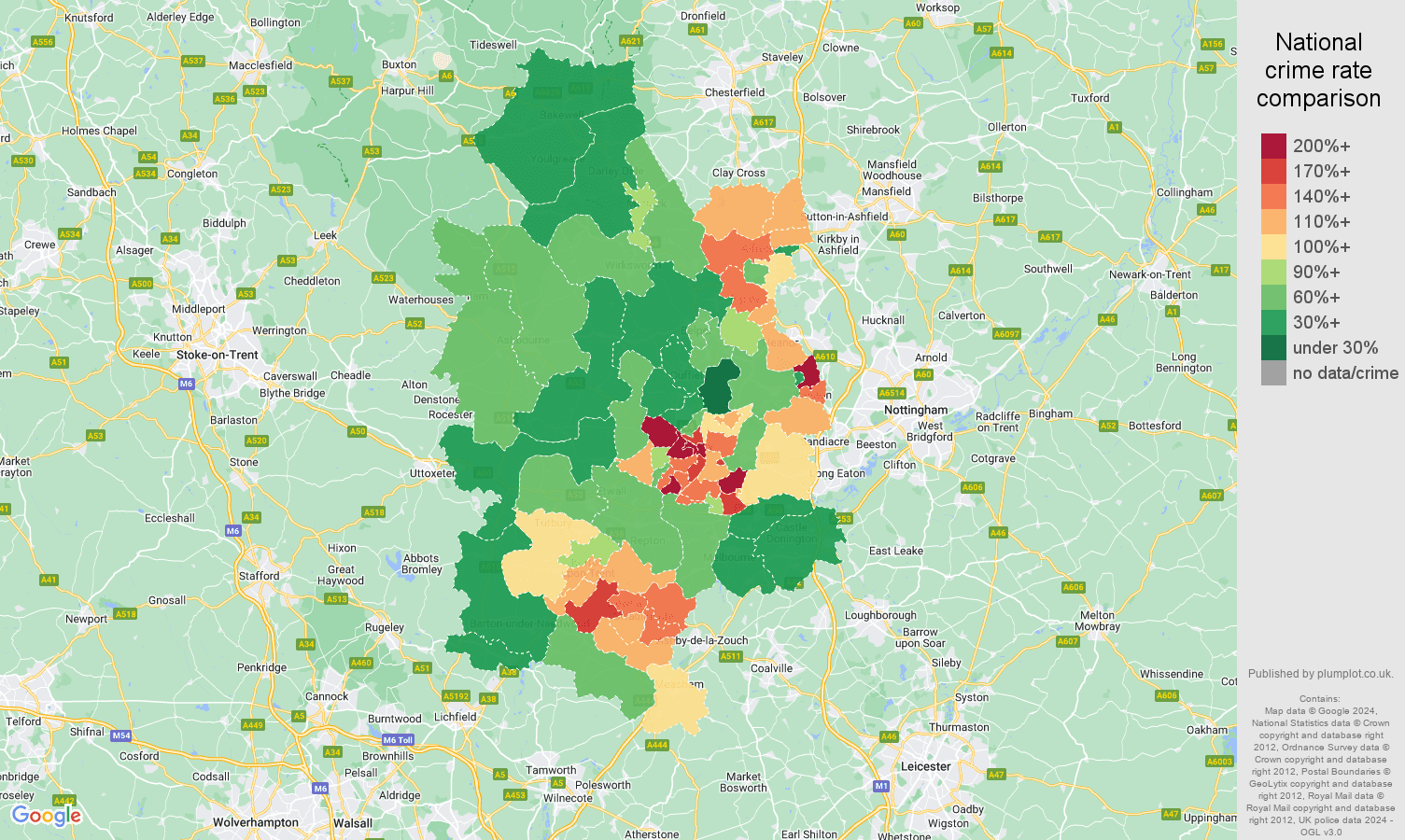 Derby violent crime rate comparison map