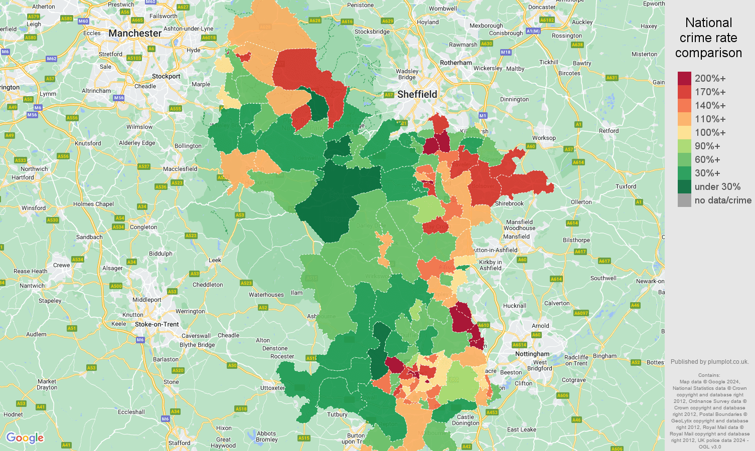 Derbyshire antisocial behaviour crime rate comparison map