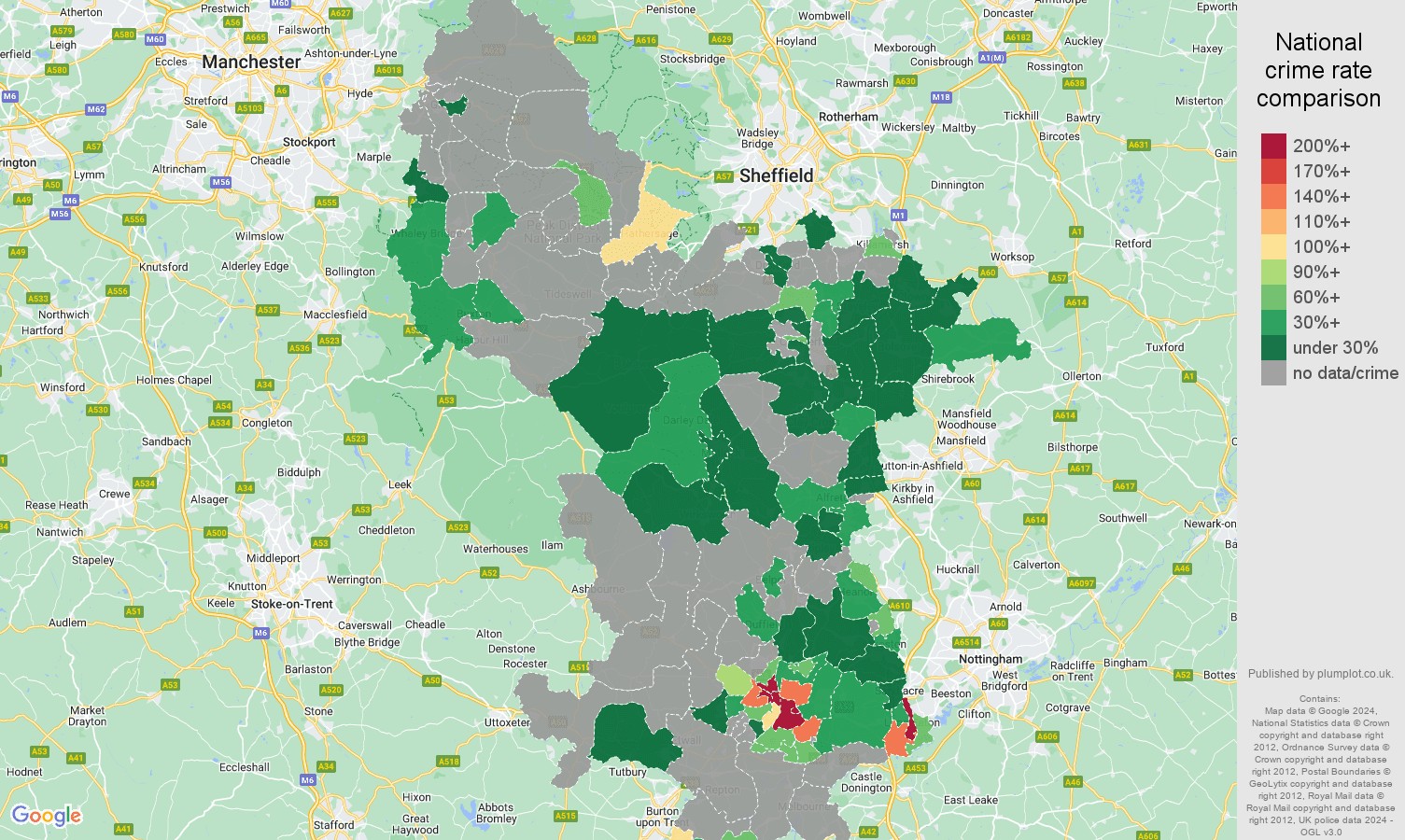 Derbyshire bicycle theft crime rate comparison map